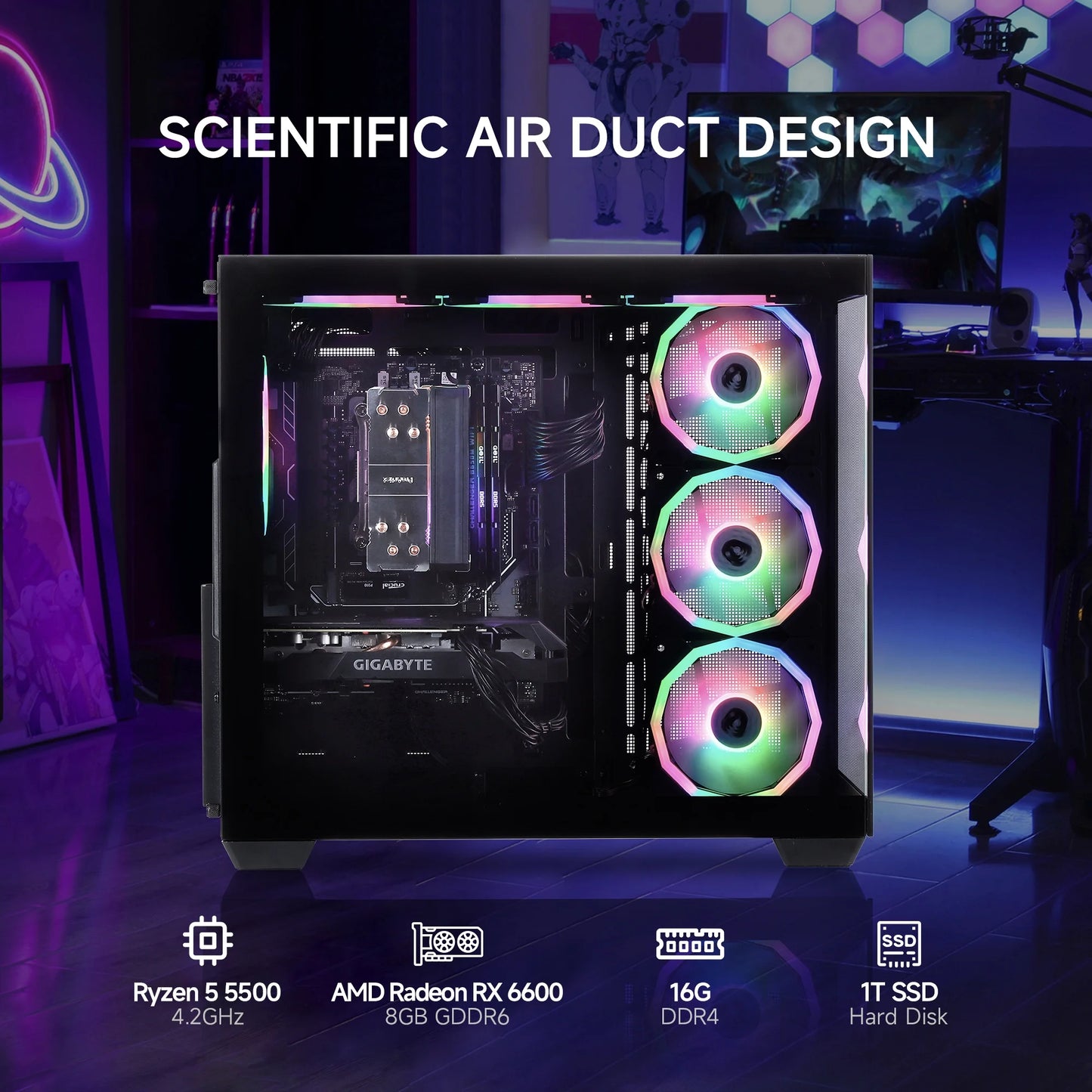 PC Gamer Gaming Desktop, AMD Ryzen 5 5500, Radeon RX 6600 8GB, 16GB DDR4, 1TB SSD, Black, WIFI, Windows 11 Home