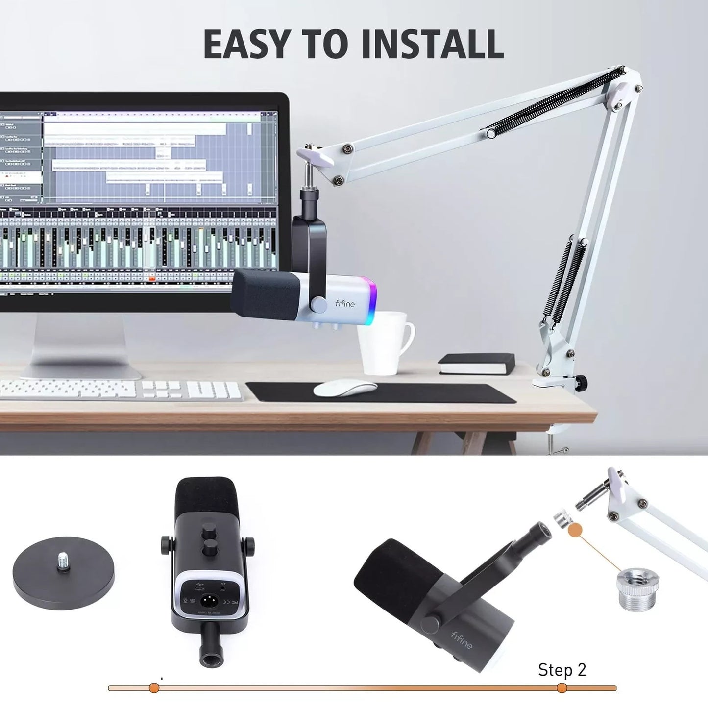 White Boom Arm for Fifine AM8 - Mic Arm Compatible with Fifine Microphone
