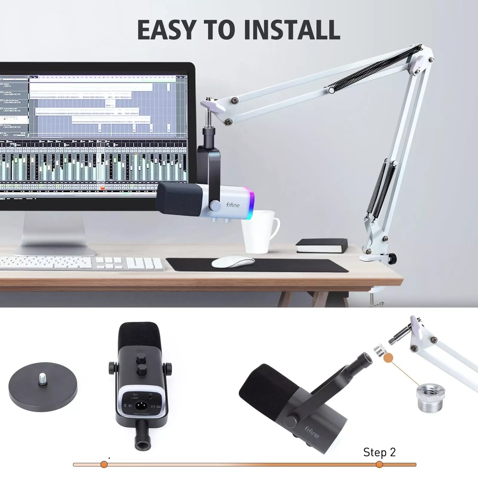 White Boom Arm for Fifine AM8 - Mic Arm Compatible with Fifine Microphone