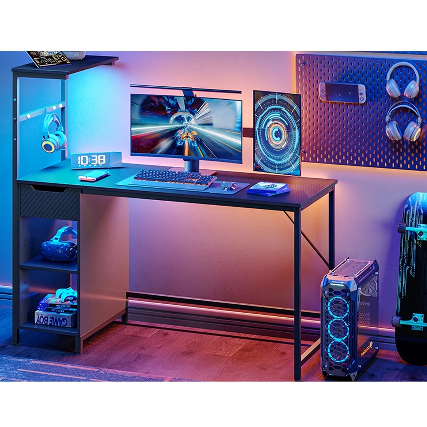 48" Computer LED Gaming PC Desk Adjustable Shelf Home Office Table with Storage Drawer, Black