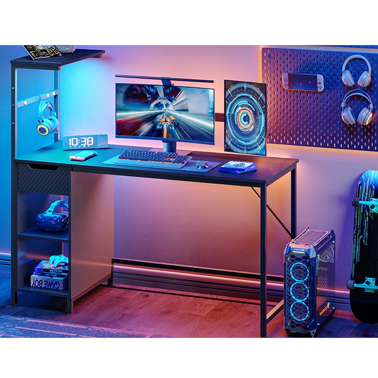48" Computer LED Gaming PC Desk Adjustable Shelf Home Office Table with Storage Drawer, Black
