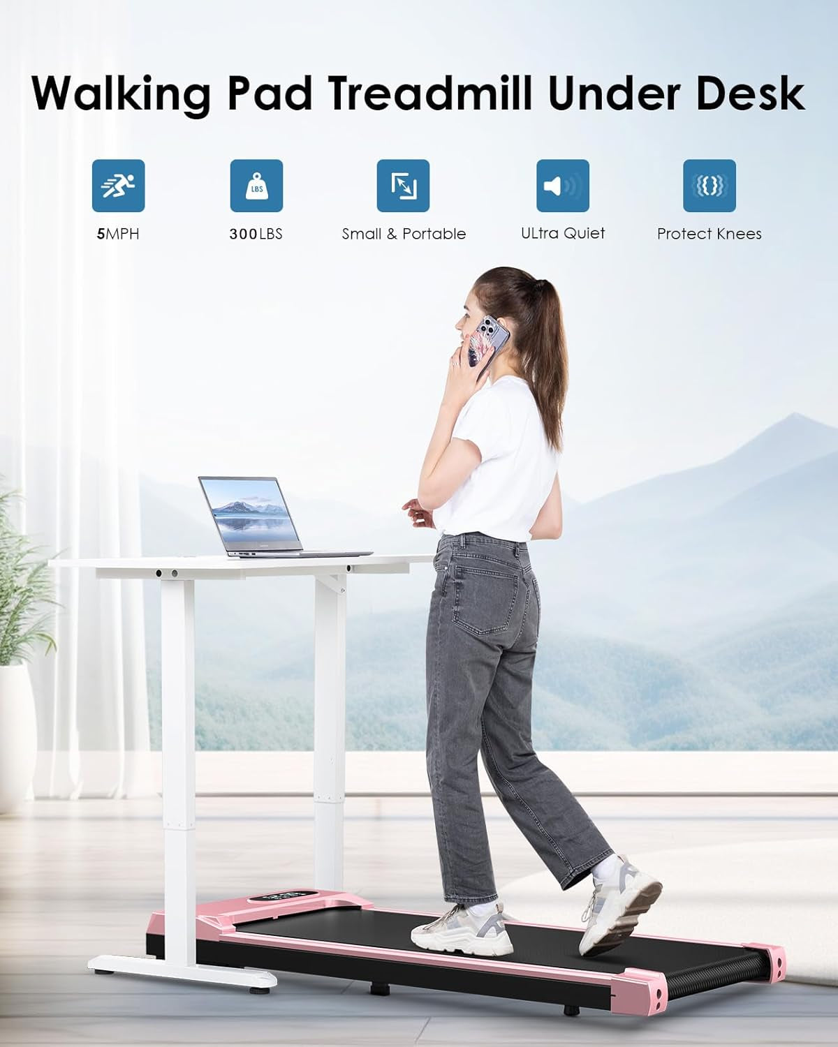 Walking Pad Treadmill with Incline, 5% Incline & 5MPH under Desk Portable Treadmill for Home Office, Compact & Small, Ultra Quiet with 300+ Lb Capacity