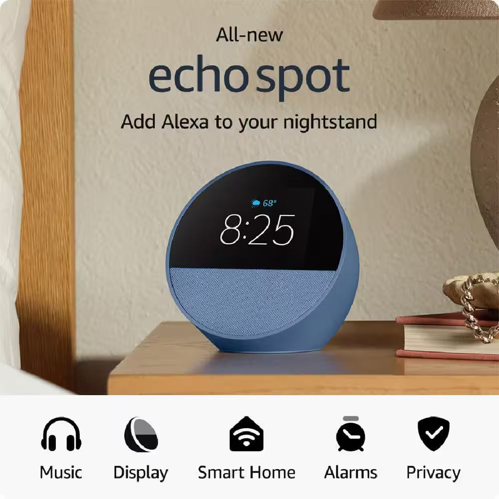 Blue Echo Spot-Smart Alarm Clock with Alexa, Smart Speaker with Compact Design for Nightstands, Offices and Kitchens
