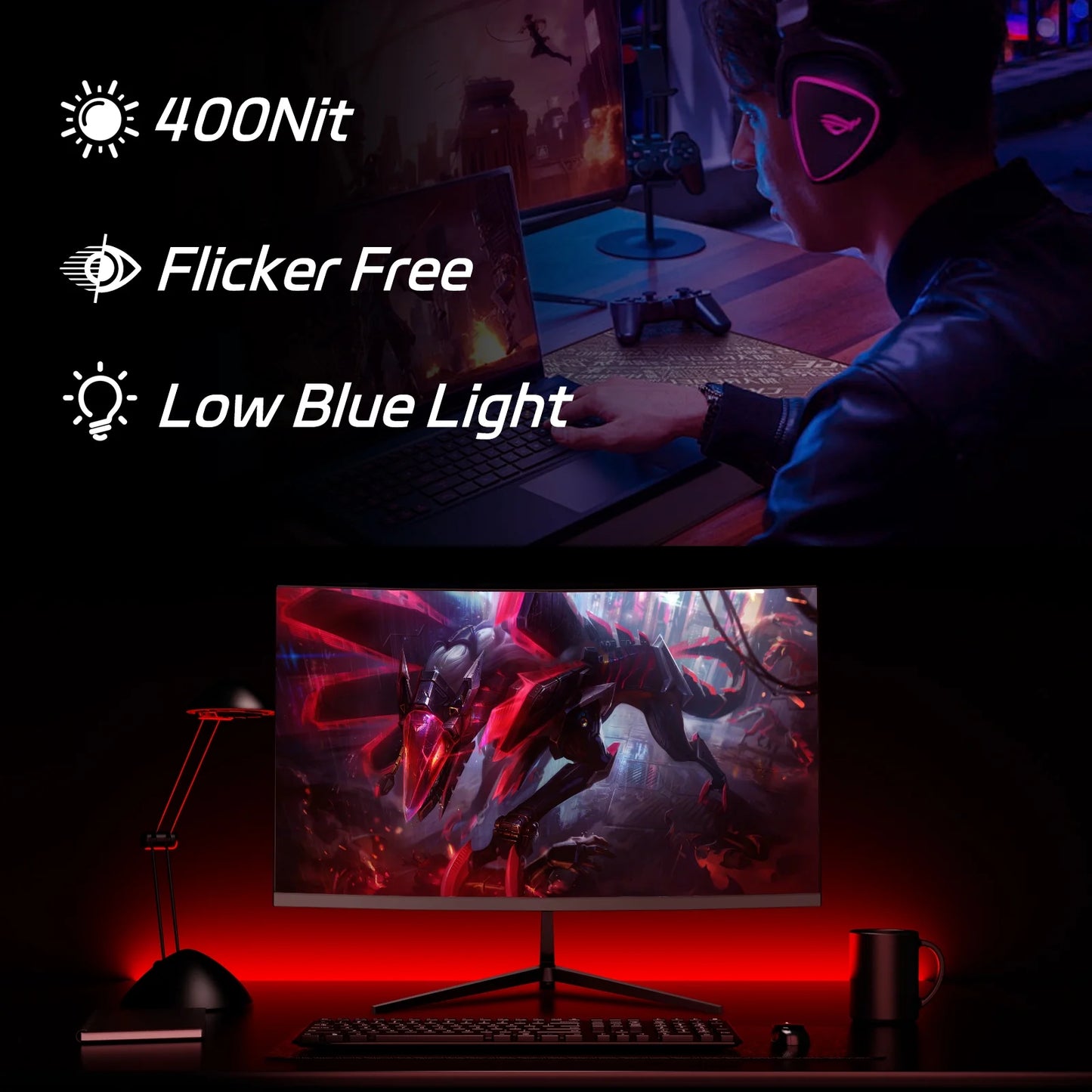 REHISK 27 Inch QHD 2K Curved Gaming Monitor 180Hz 2560 X 1440P 1Ms Fast IPS Computer Monitor, DP/HDMI,VESA Mount, 120% Srgb HDR Eye Care Metal Stand
