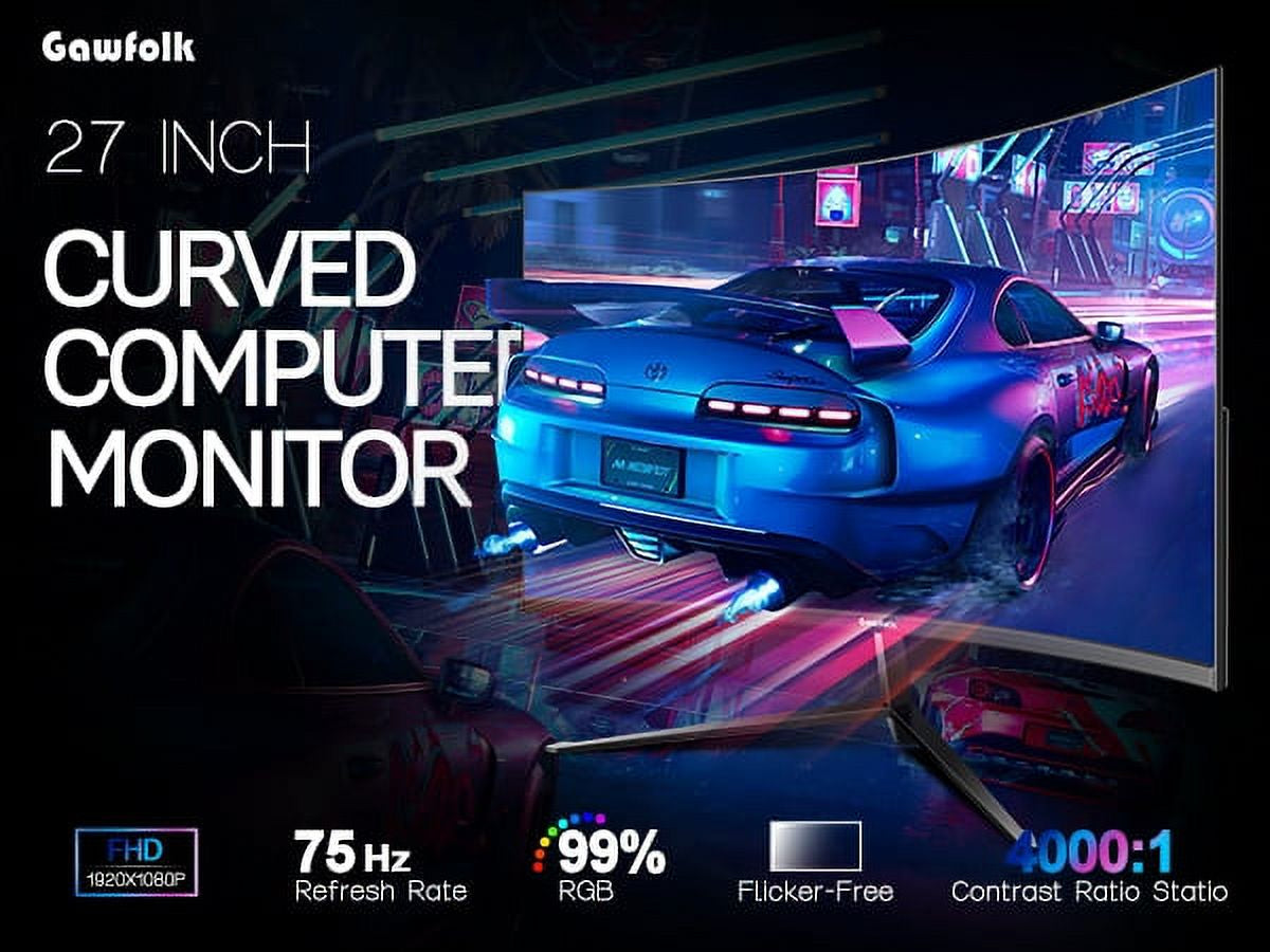 27" Curved Monitor, FHD 1080P 75Hz 1800R Ultra-Thin Bezel-Less VA Display HDMI VGA Port, Computer Monitor
