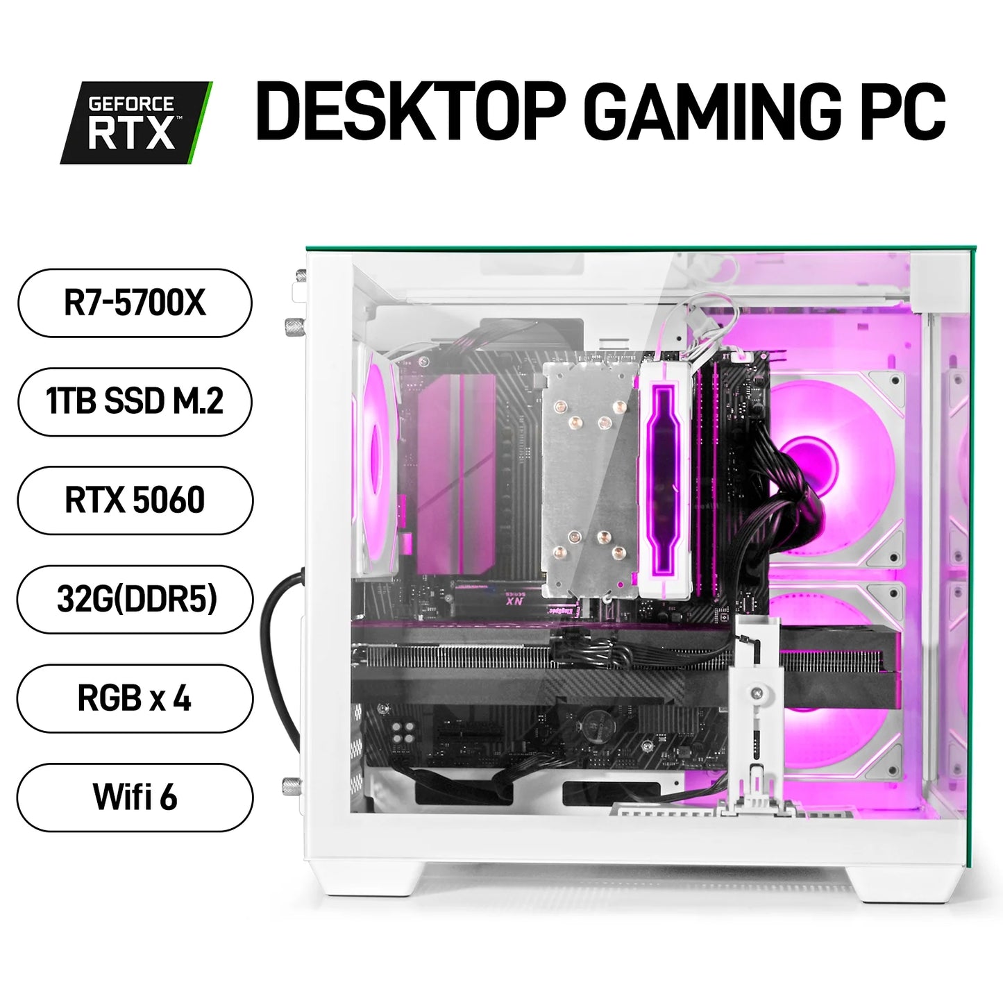 Gaming PC Desktop, Ryzen 7 5700X, 32GB DDR4, RTX 5060 8GB, 1TB Nvme SSD, Wifi 6