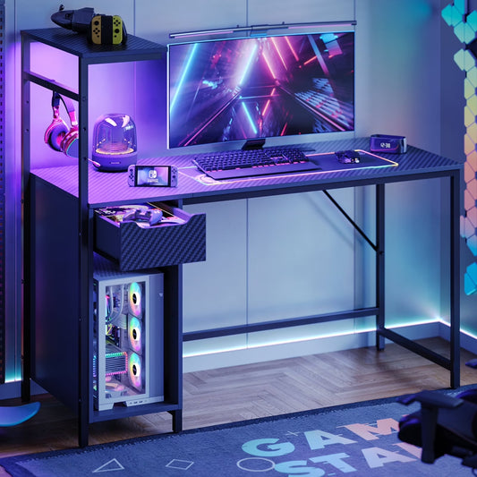 48" Computer LED Gaming PC Desk Adjustable Shelf Home Office Table with Storage Drawer, Black