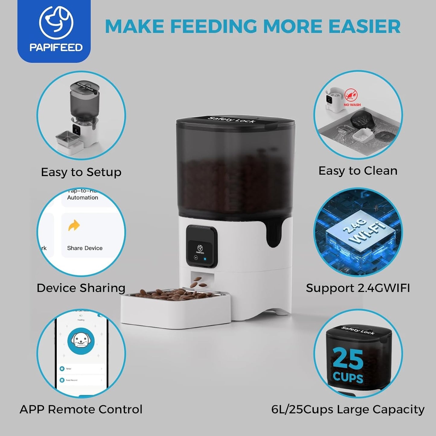Smart Automatic Cat Feeder 6L, Wifi Pet Food Dispenser W/ APP & Alexa Control