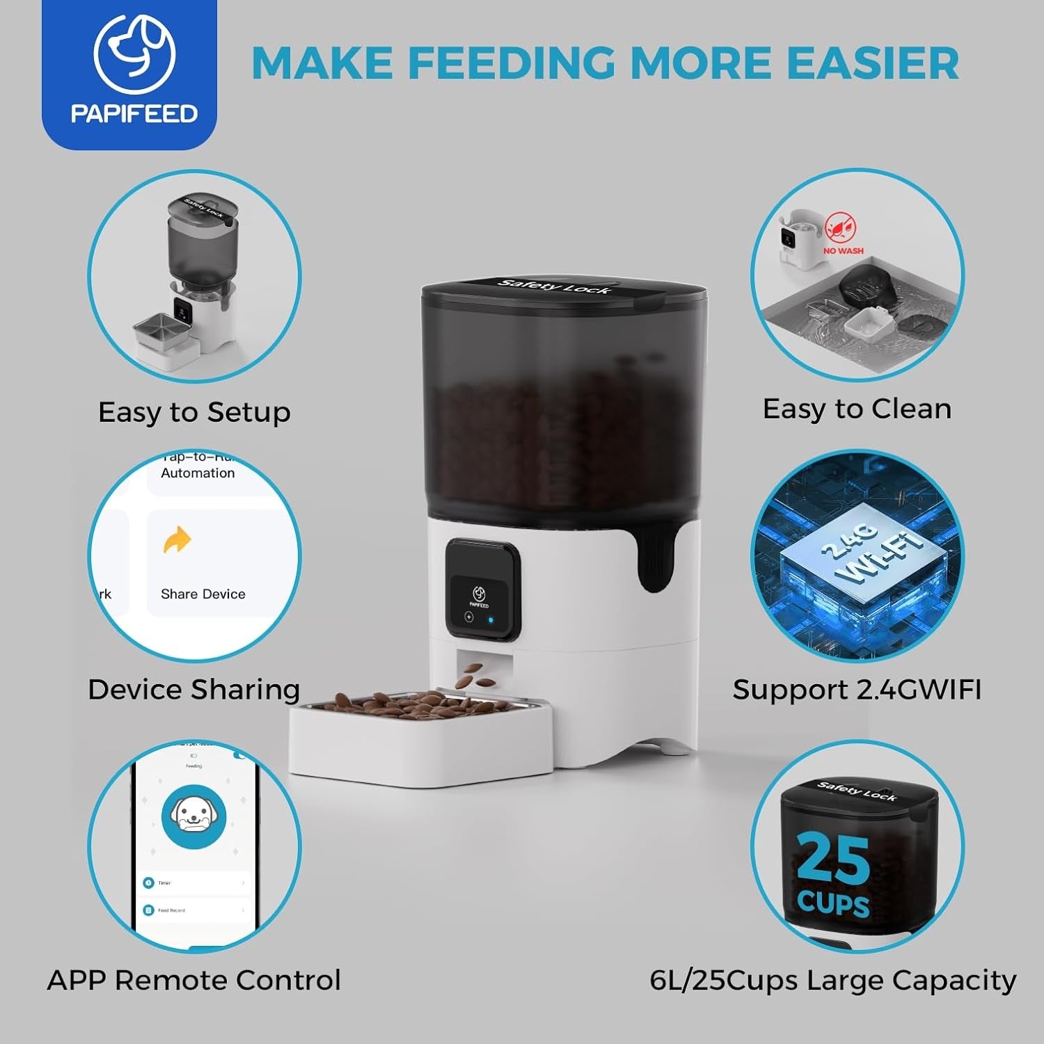 Smart Automatic Cat Feeder 6L, Wifi Pet Food Dispenser W/ APP & Alexa Control