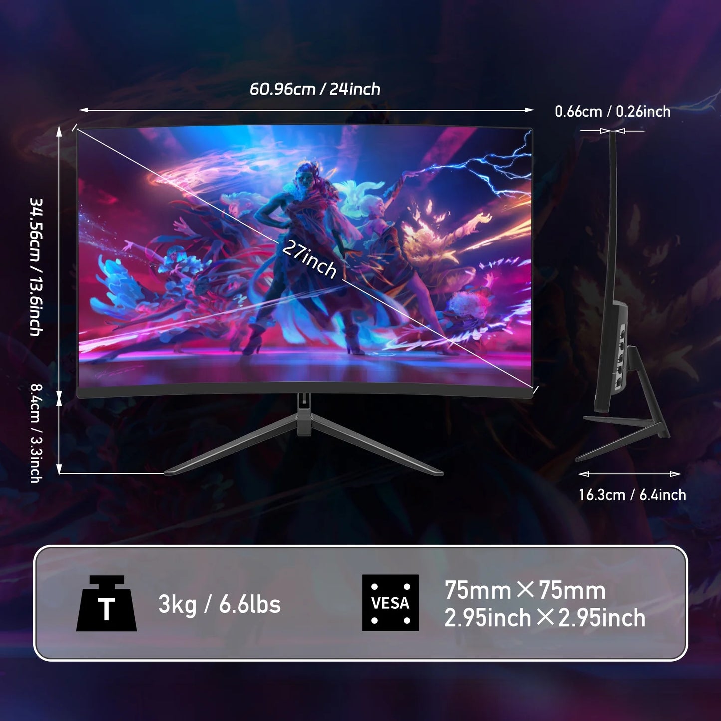 REHISK 27 Inch QHD 2K Curved Gaming Monitor 180Hz 2560 X 1440P 1Ms Fast IPS Computer Monitor, DP/HDMI,VESA Mount, 120% Srgb HDR Eye Care Metal Stand