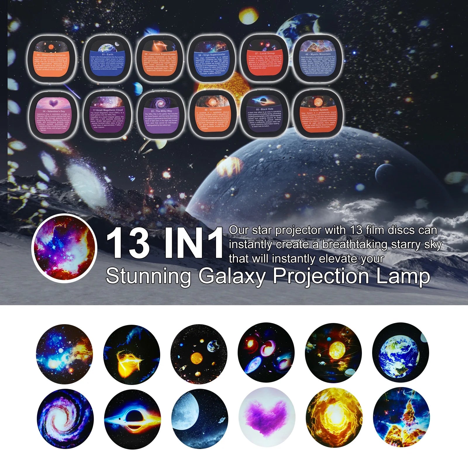 Galaxy Projector for Bedroom: HD 13 in 1 Star Projector Pro - Kids Night Light Projector | Planetarium Projector with 3 Timer Adjustable Focus & Speeds - LED Space Galaxy Lamp Room Decor Ambient Ligh