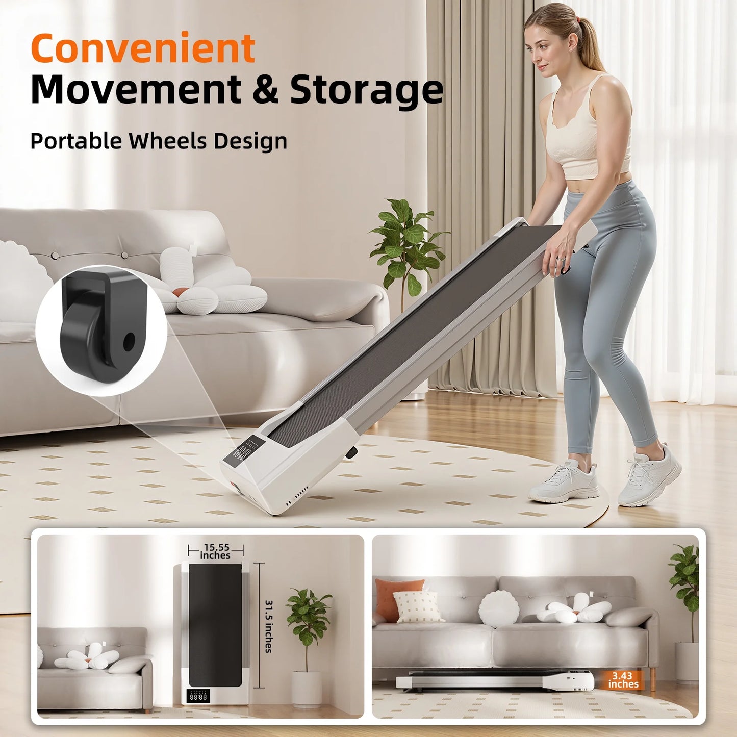 Walking Pad 300Lb,Under Desk Treadmillwith Remote Control ,2 in 1 Portable Walking Pad Treadmill for Home/Office/Exercise/Fitness Workout(White)