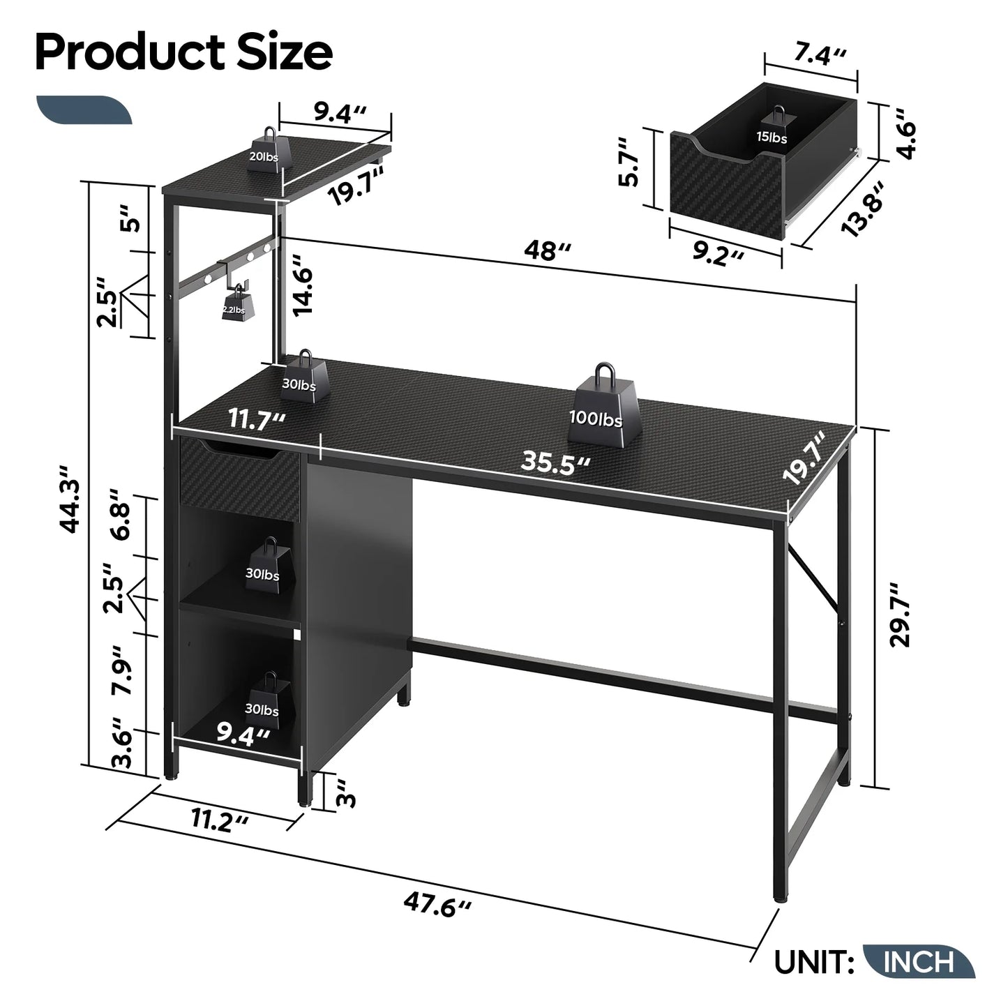 48" Computer LED Gaming PC Desk Adjustable Shelf Home Office Table with Storage Drawer, Black
