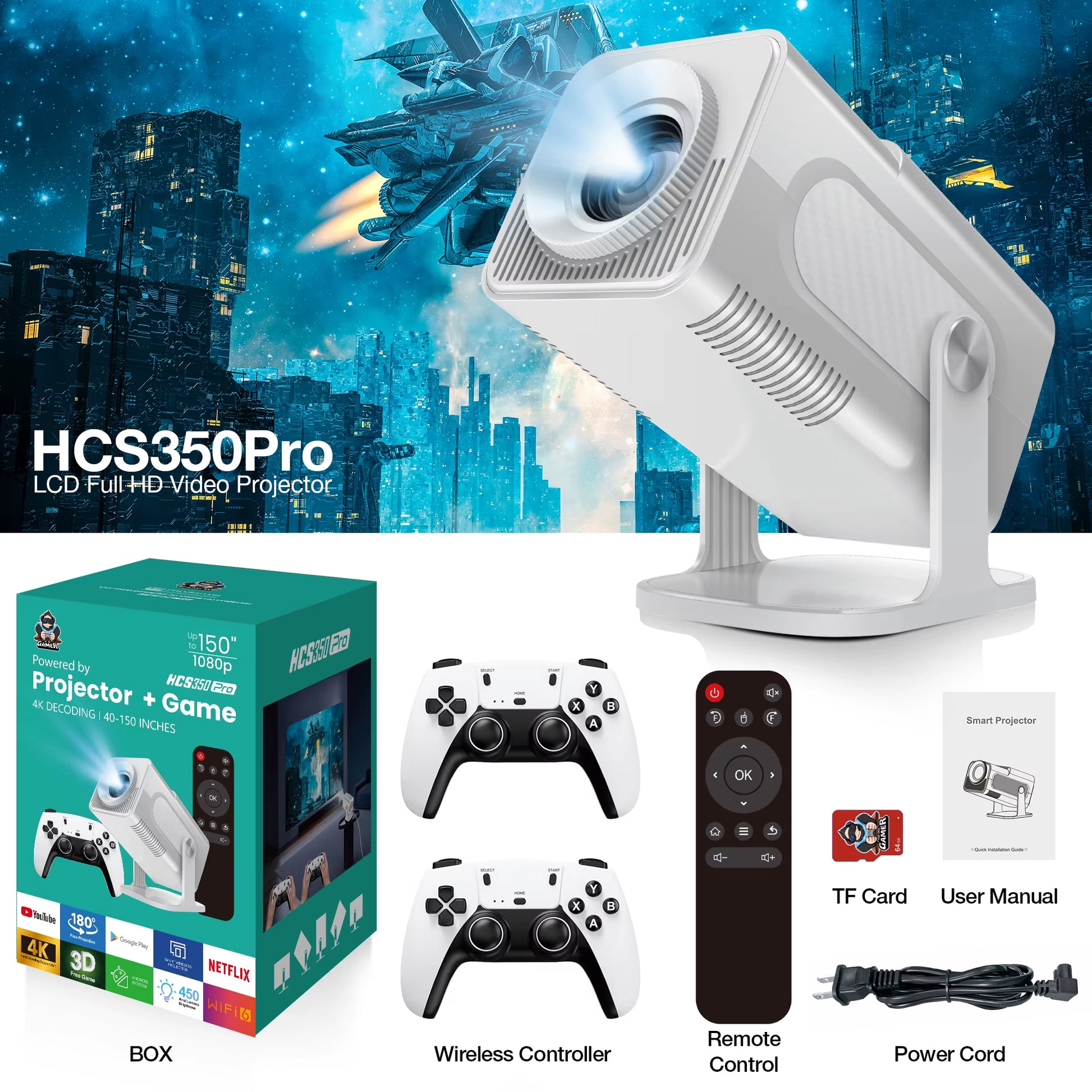 Android 11 Gaming Projector P30MAX 64GB TF Card Wireless Gaming Controller Dual WIFI 1280*720P Home Theater Portable Projector