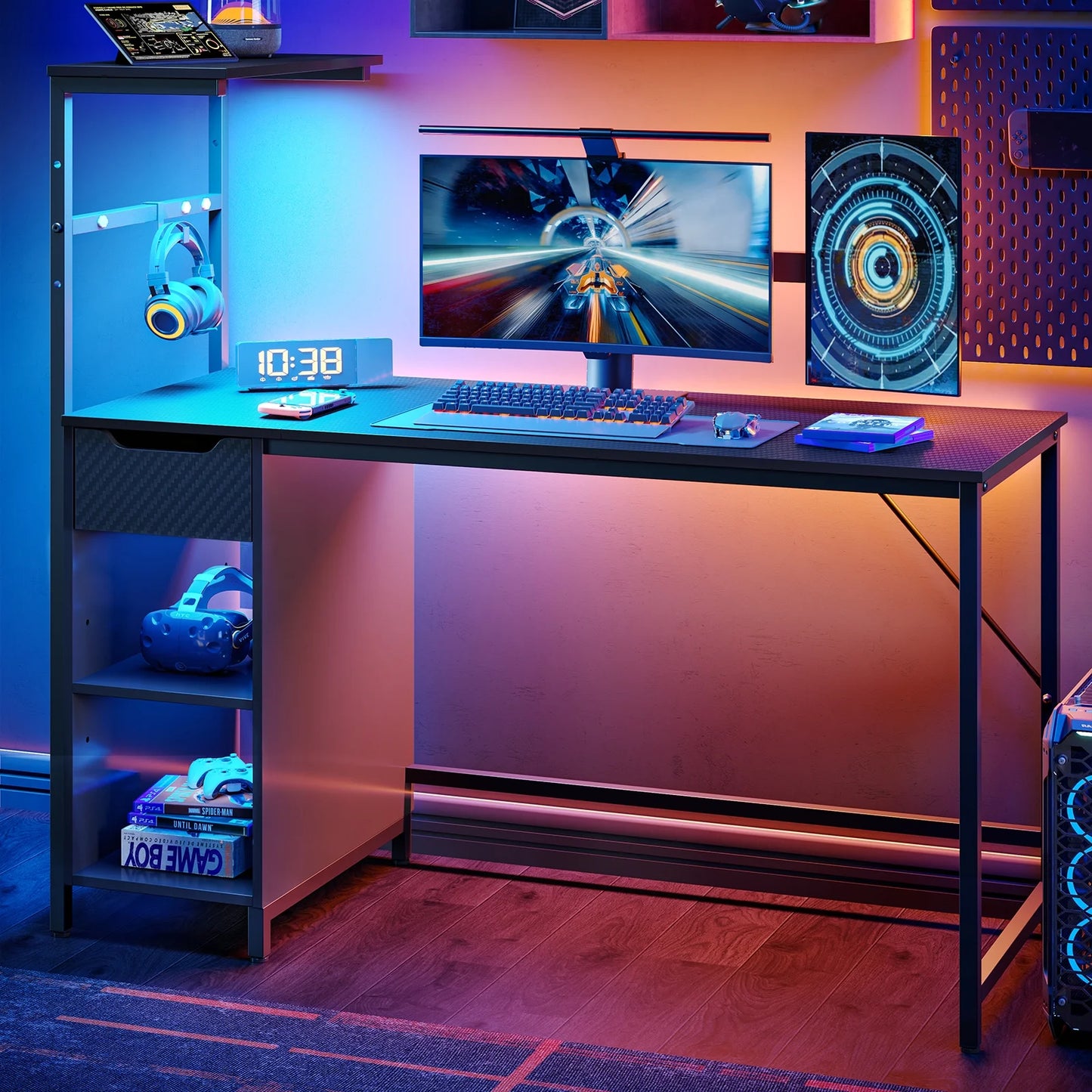 48" Computer LED Gaming PC Desk Adjustable Shelf Home Office Table with Storage Drawer, Black