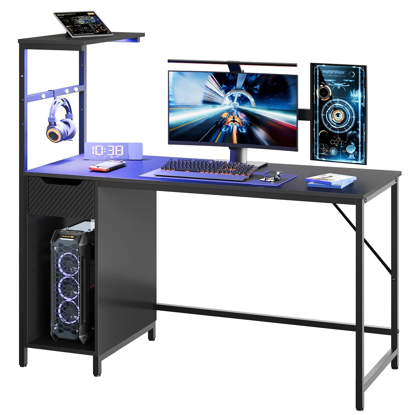 48" Computer LED Gaming PC Desk Adjustable Shelf Home Office Table with Storage Drawer, Black