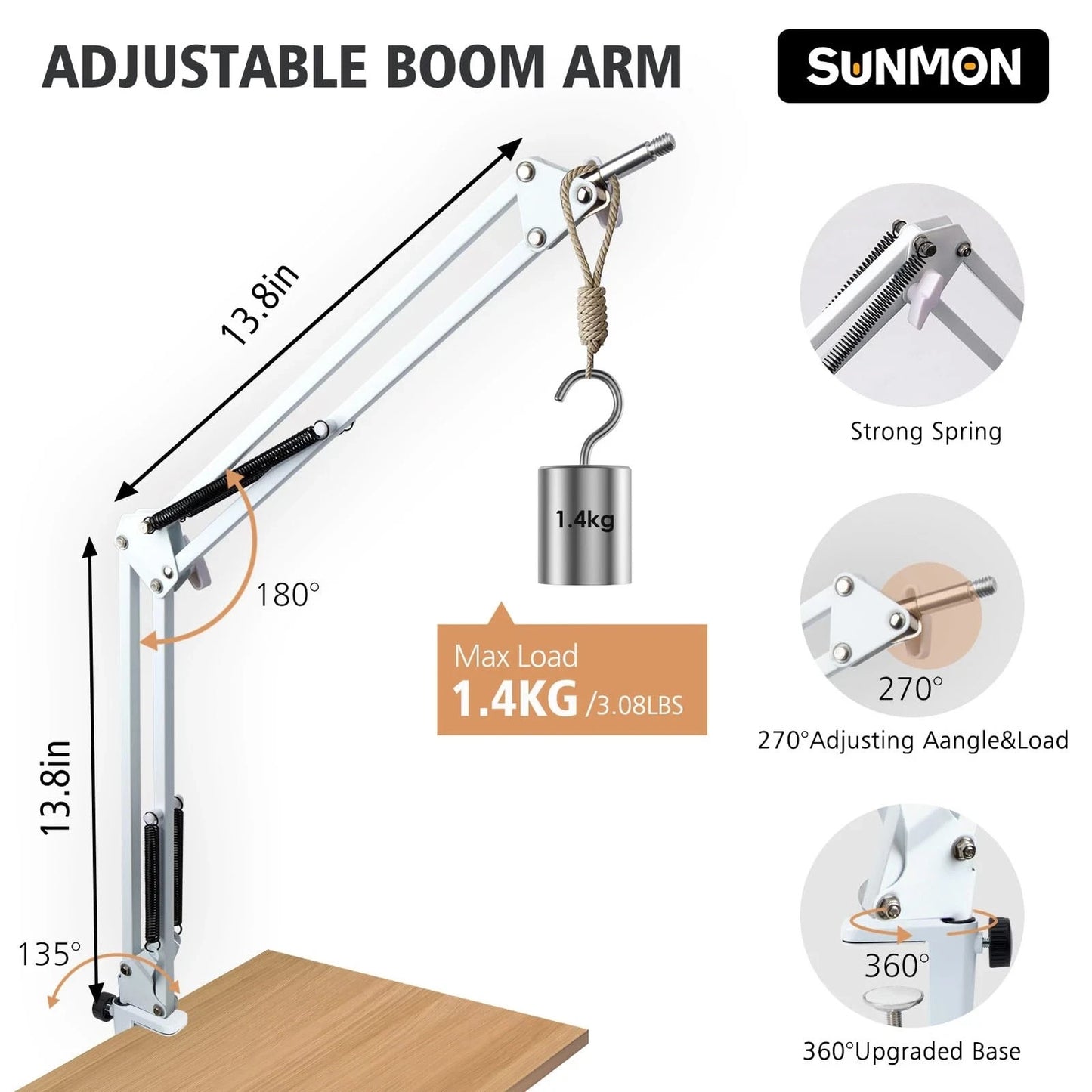 White Boom Arm for Fifine AM8 - Mic Arm Compatible with Fifine Microphone