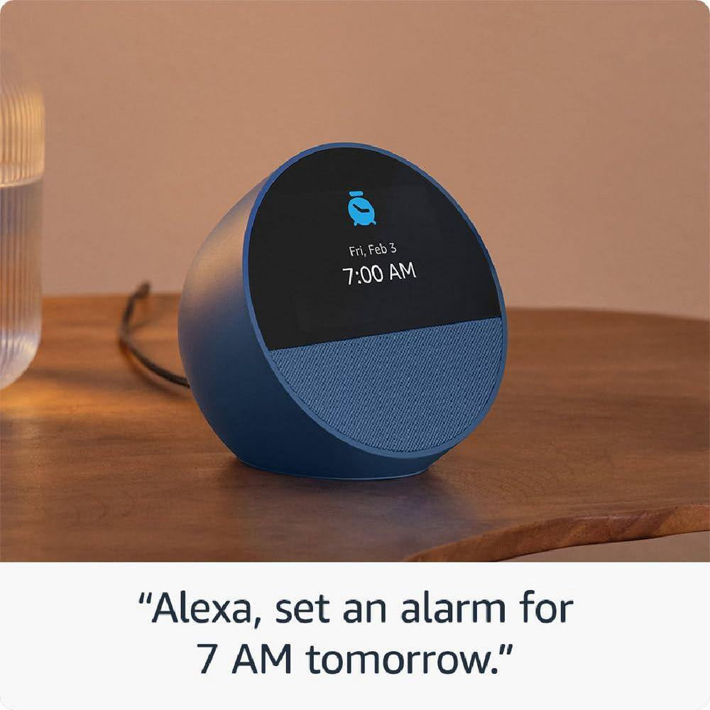 Blue Echo Spot-Smart Alarm Clock with Alexa, Smart Speaker with Compact Design for Nightstands, Offices and Kitchens