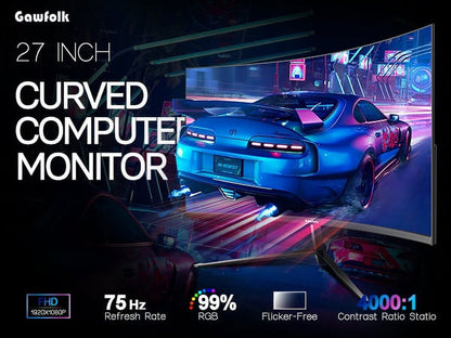 27" Curved Monitor, FHD 1080P 75Hz 1800R Ultra-Thin Bezel-Less VA Display HDMI VGA Port, Computer Monitor