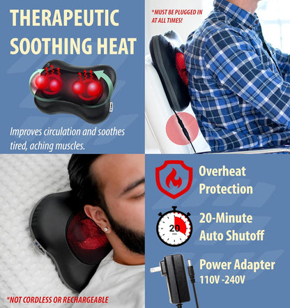 Shiatsu Back and Neck Massager with Heat - 3D Electric Kneading Deep Tissue Massage Pillow for Muscle Pain Relief, Black, ZMA-13